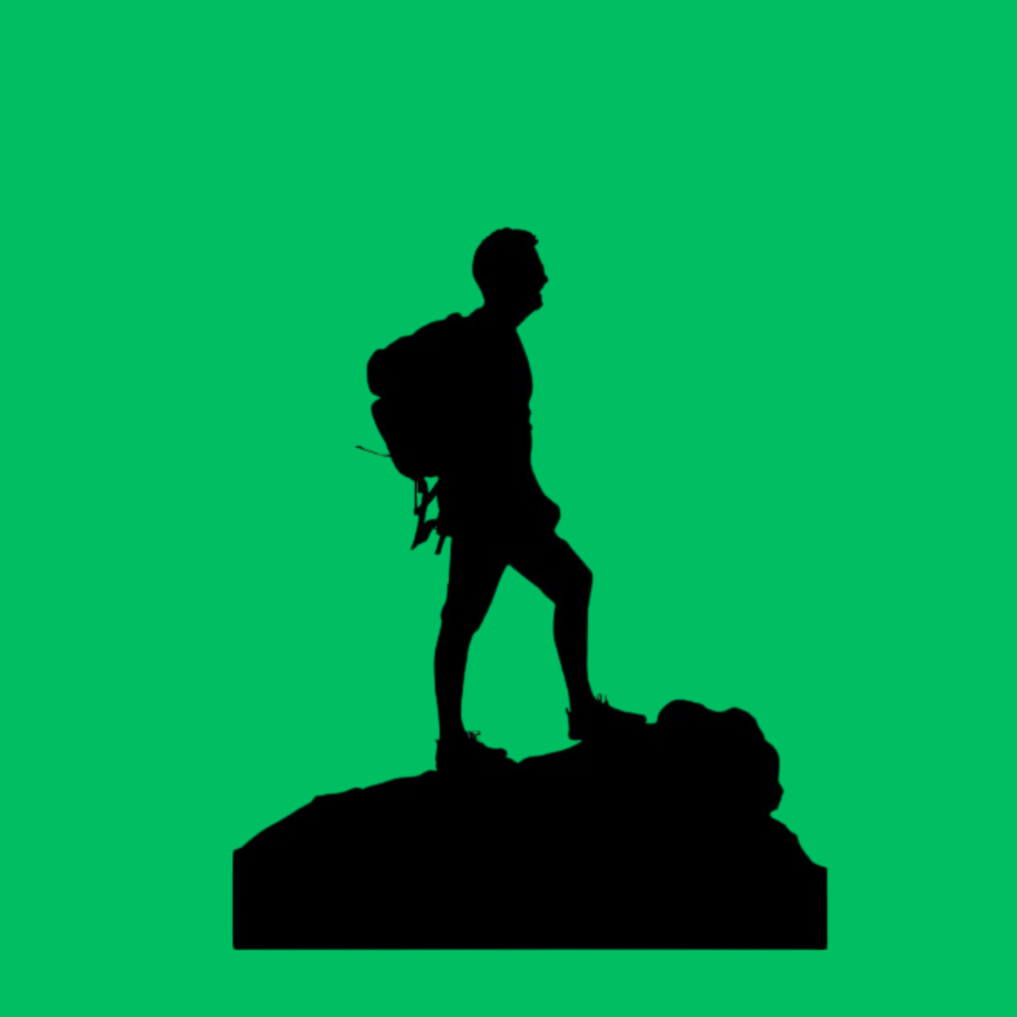 Green background with a picture of a man standing on a rock.