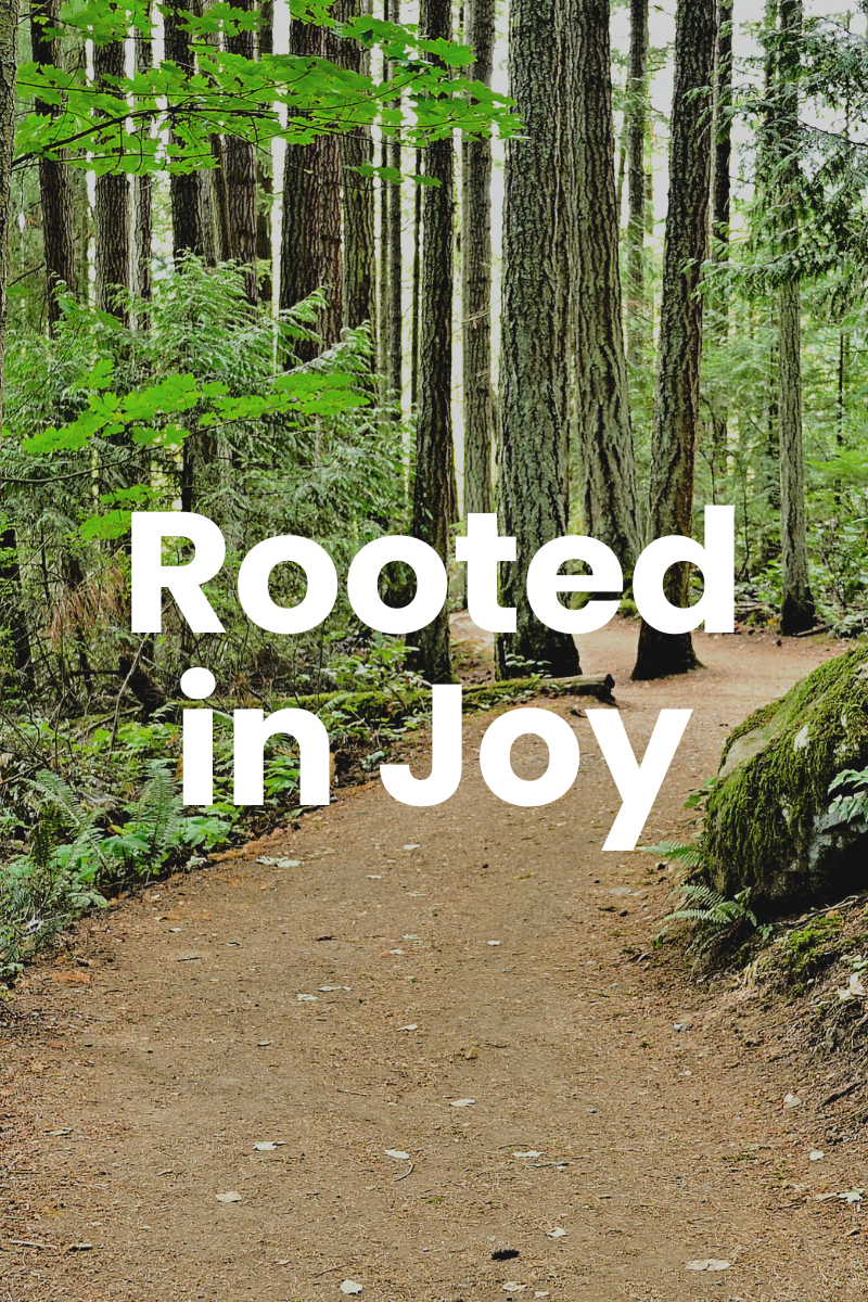 Forest background with the text - Rooted in Joy